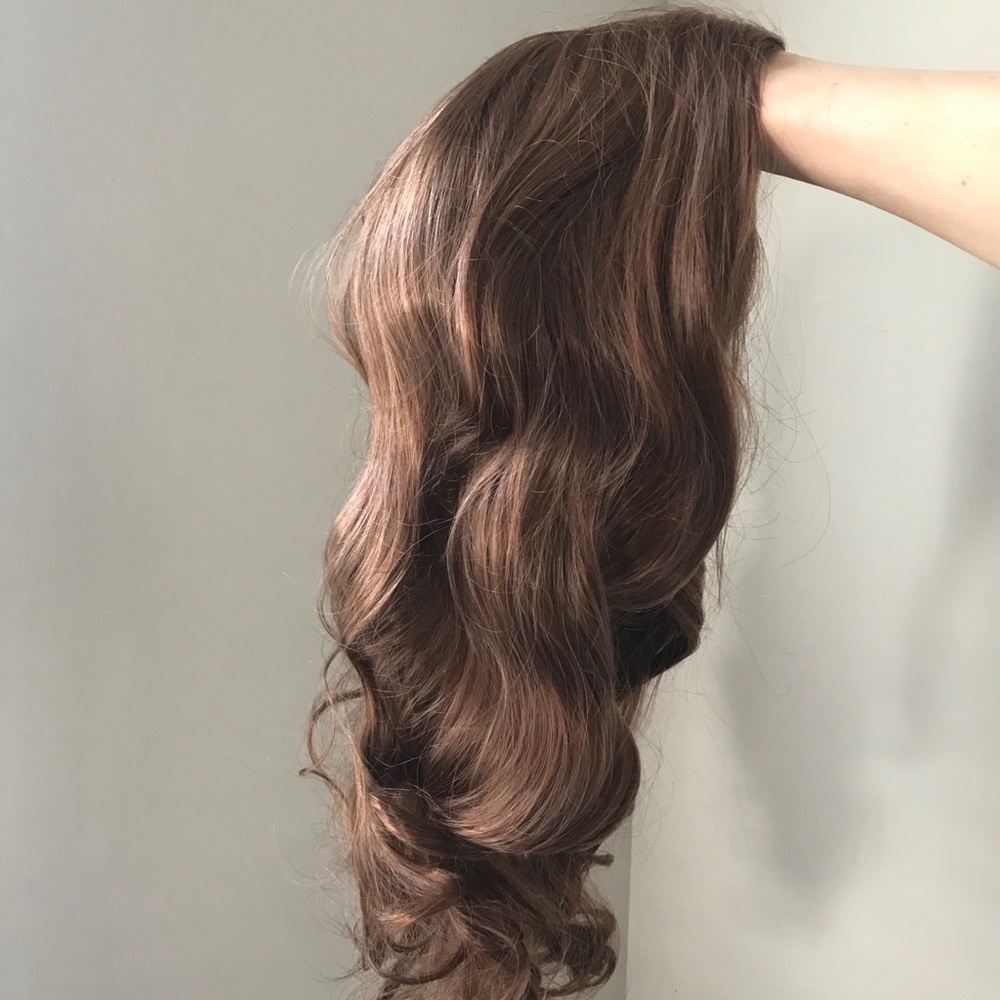 Long, curly, dark auburn-brown wig